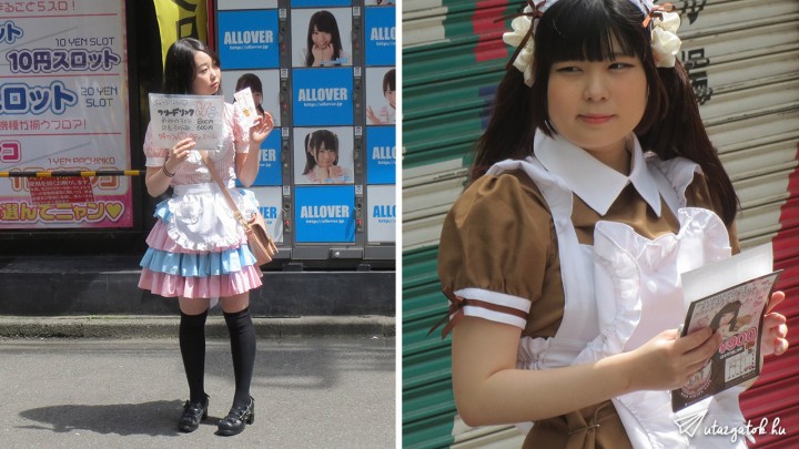 Felszolgálónak öltözött lányok Akihabara utcáin