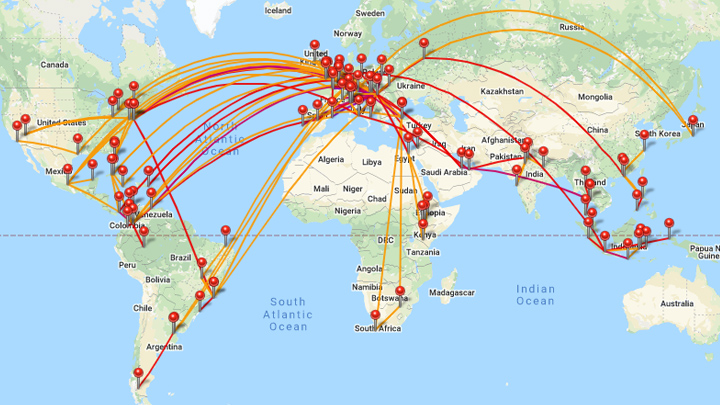 világtérkép korábbi repülési útvonalaimmal