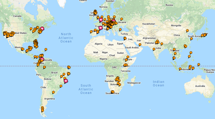 világtérkép rajta bejelölve az általam meglátogatott városok