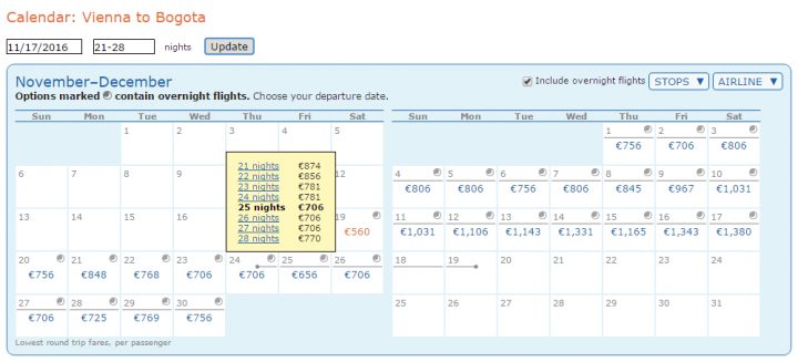 ITA Matrix naptár nézete árakkal