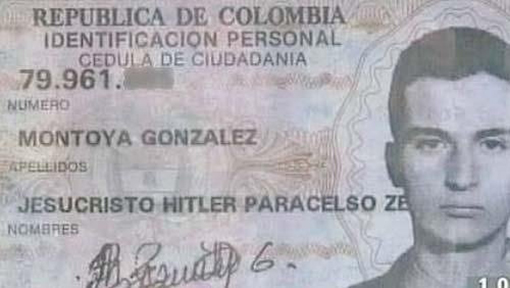 "Jesucristo Hitler" keresztnév egy kolumbiai igazolványon