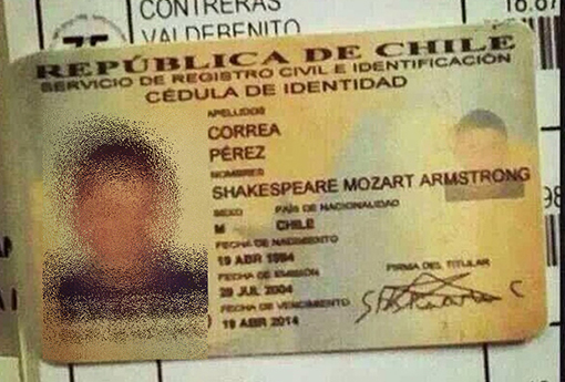 "Shakespeare Mozart Armstrong" név egy chilei igazolványon