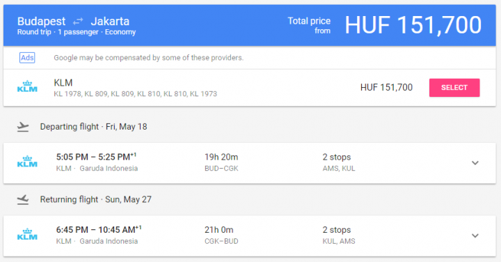 Google Flights találata egy Budapest - Jakarta járat 151.700 forintért